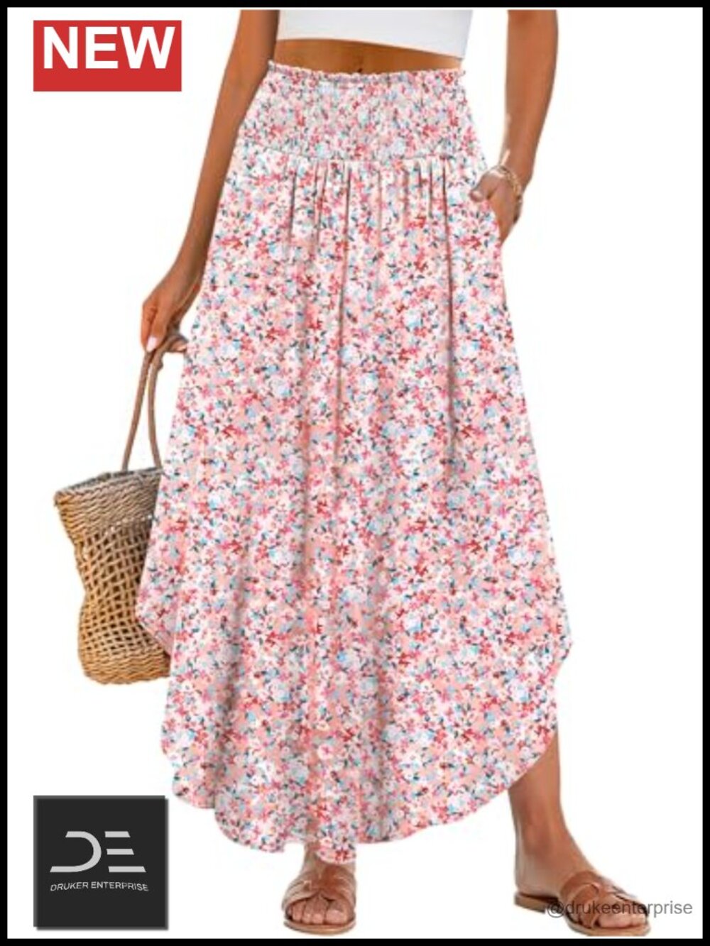 Maxi Skirt Flowy Boho High Waisted Pleated with Pockets